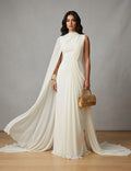 Draped High-Neck Sleeveless Gown with Flowing Cape Train