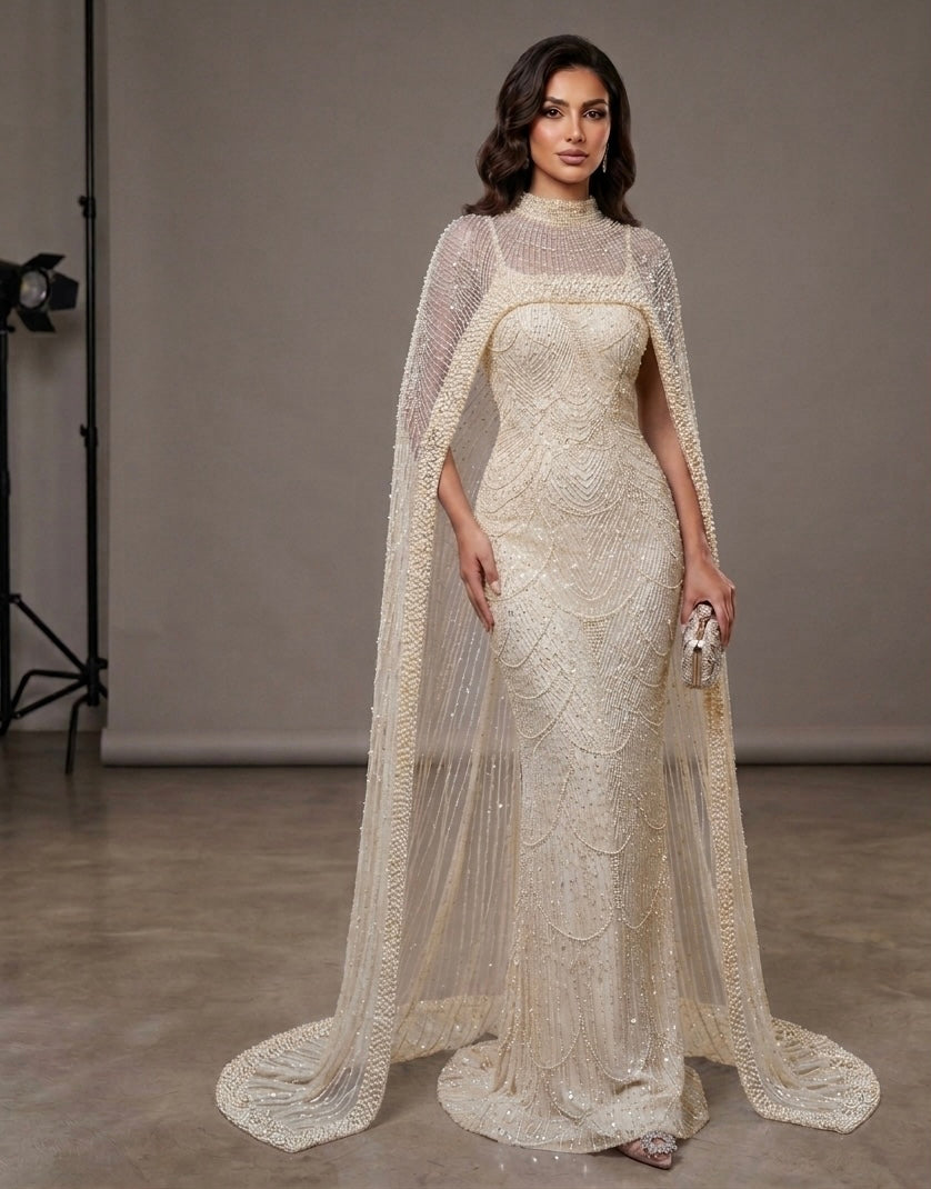 Luxury Pearl-Embellished Mermaid Evening Gown with Sheer Beaded Cape