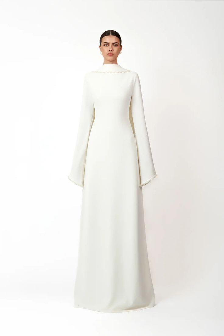 Elegant Pearl-Trimmed Cape Sleeve Maxi Evening Gown