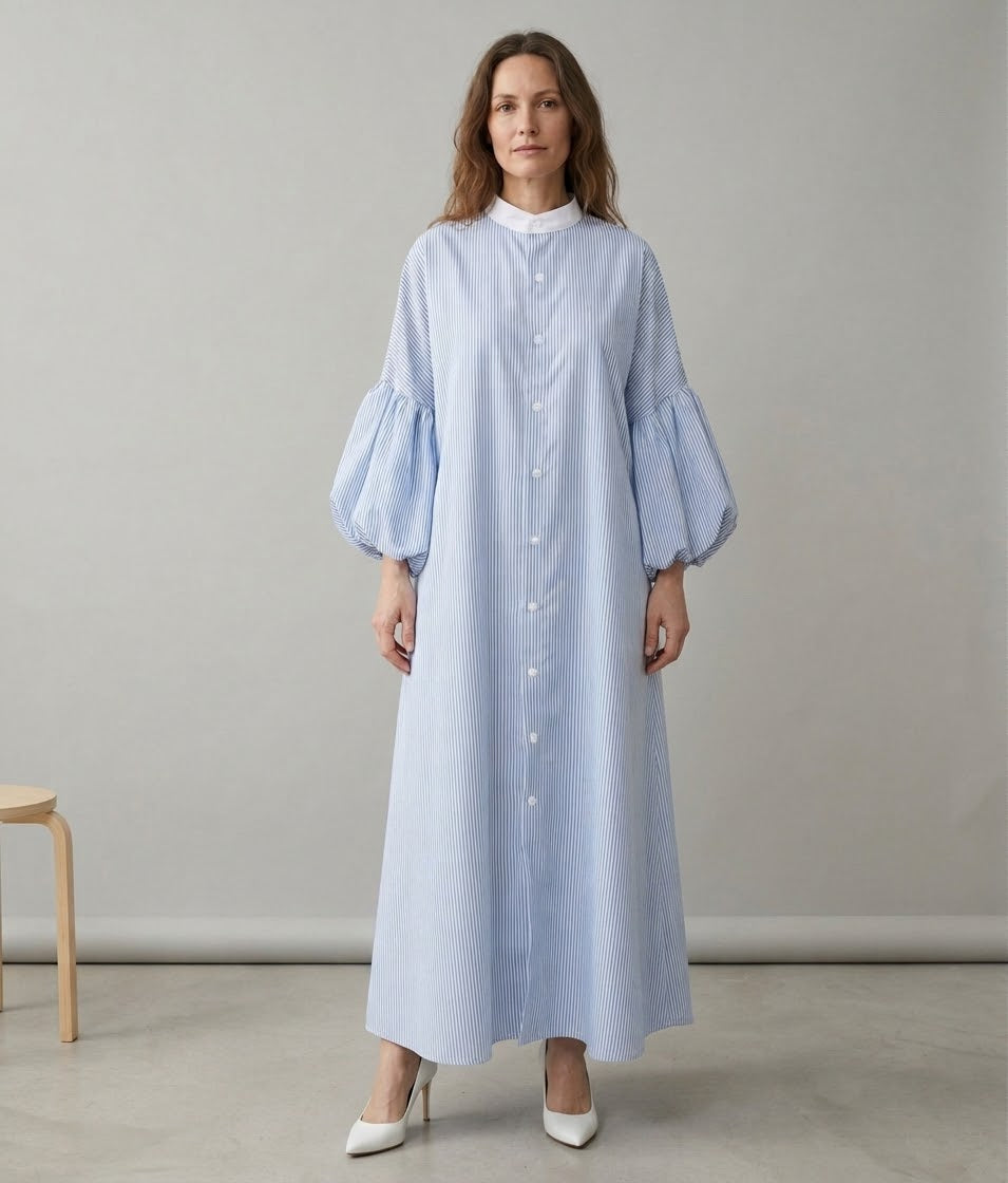 Striped Cotton Balloon-Sleeve Maxi Shirt Abaya
