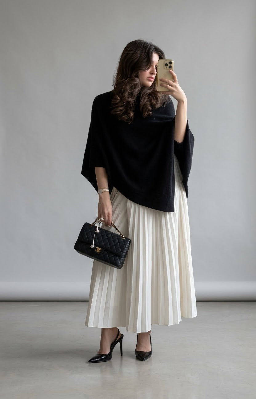 Knit Poncho Top and Pleated Midi Skirt Two-Piece Set