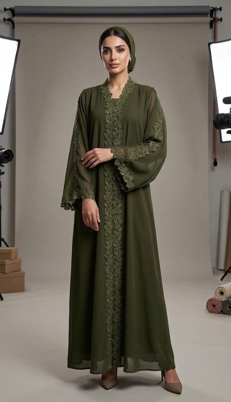 Lace-Trimmed Olive Green Abaya 3-Piece Set