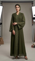 Lace-Trimmed Olive Green Abaya 3-Piece Set