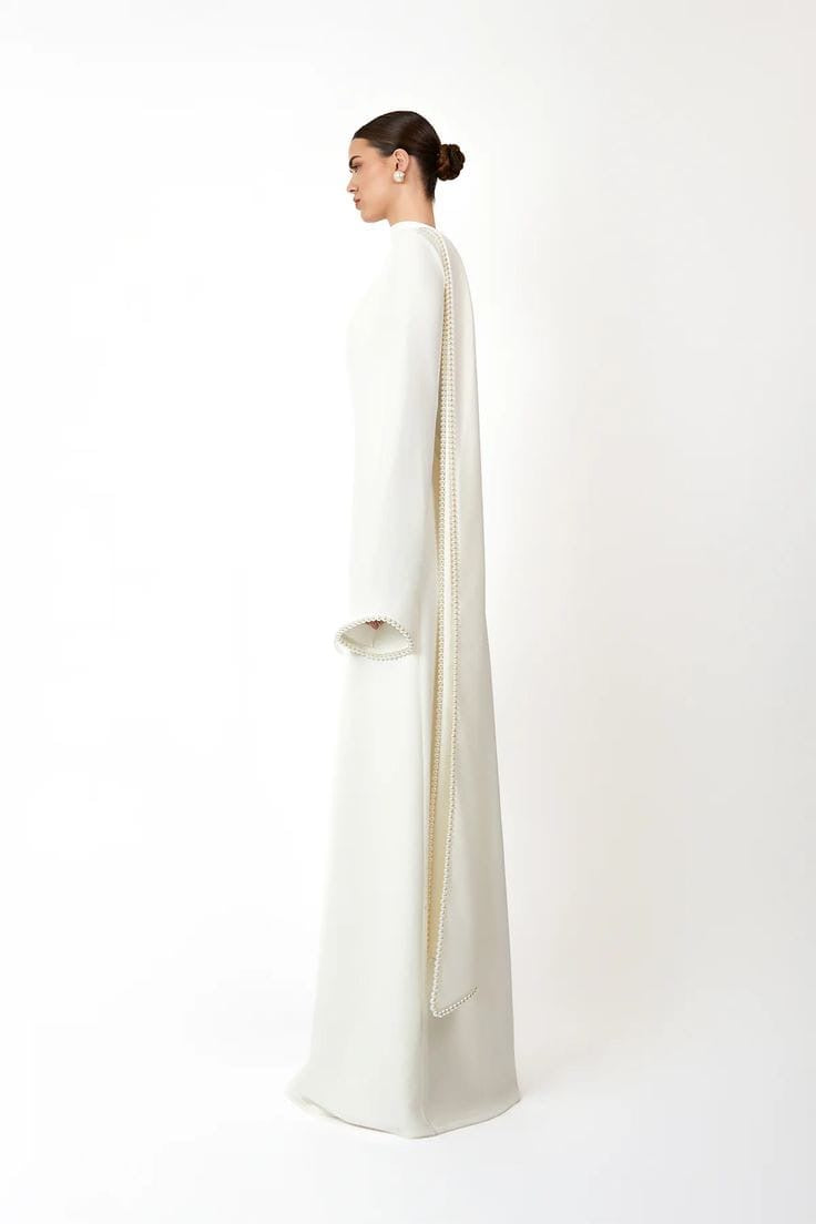 Elegant Pearl-Trimmed Cape Sleeve Maxi Evening Gown