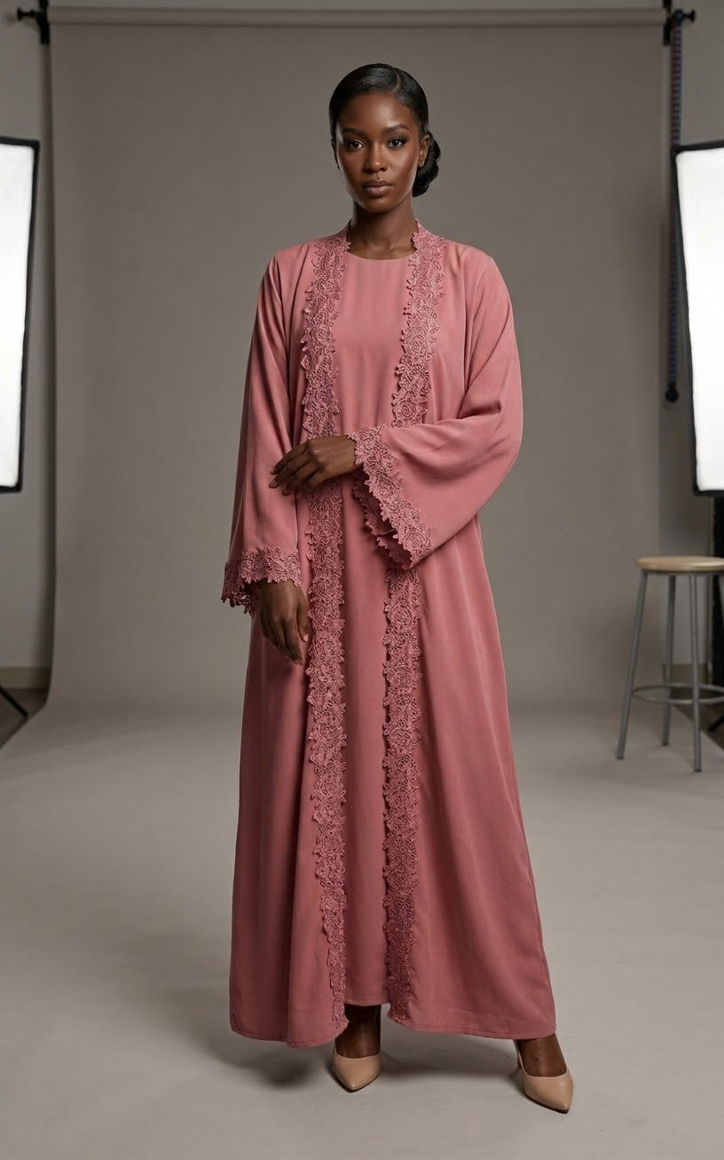 Dusty Rose Pink Lace-Trimmed Abaya 3-Piece Set