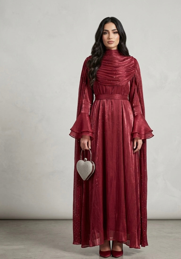 Shimmering Metallic Ruched High-Neck Evening Abaya Dress