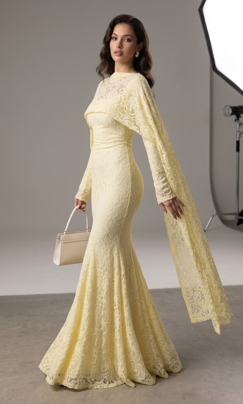 The Evangeline Lace Cape-Overlay Maxi Dress