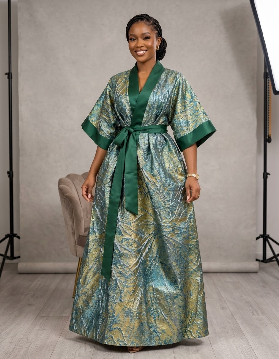 Metallic Textured Jacquard Kimono Wrap Dress