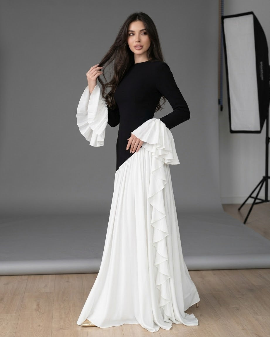 Contrast Ruffled Long-Sleeve Colorblock Gown