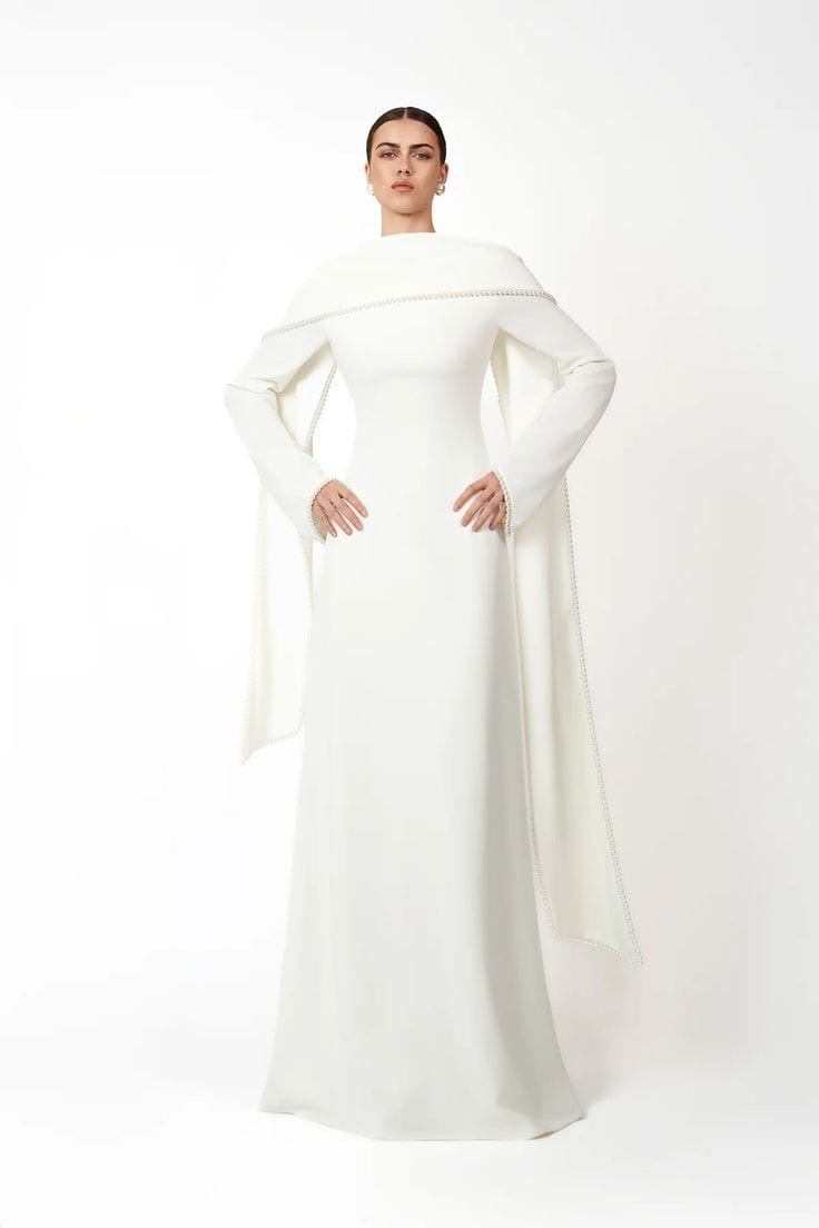 Elegant Pearl-Trimmed Cape Sleeve Maxi Evening Gown