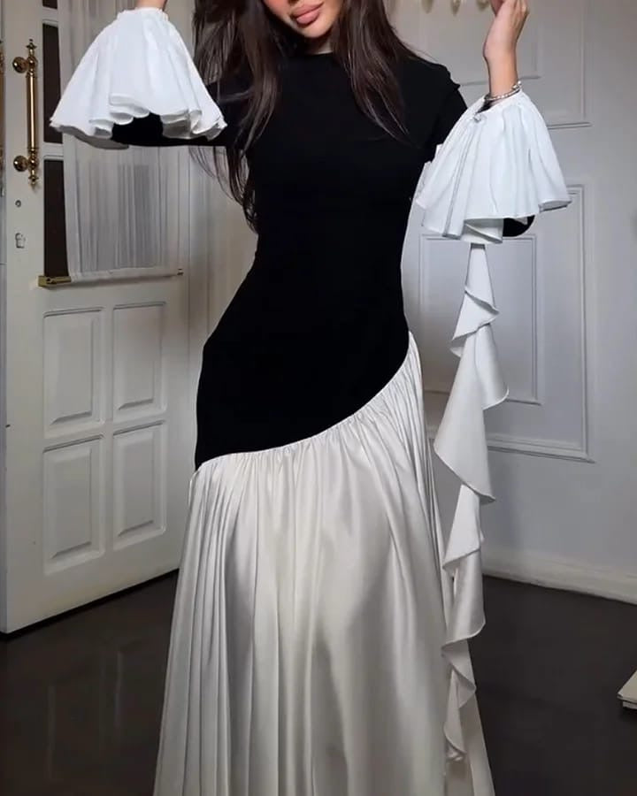 Contrast Ruffled Long-Sleeve Colorblock Gown