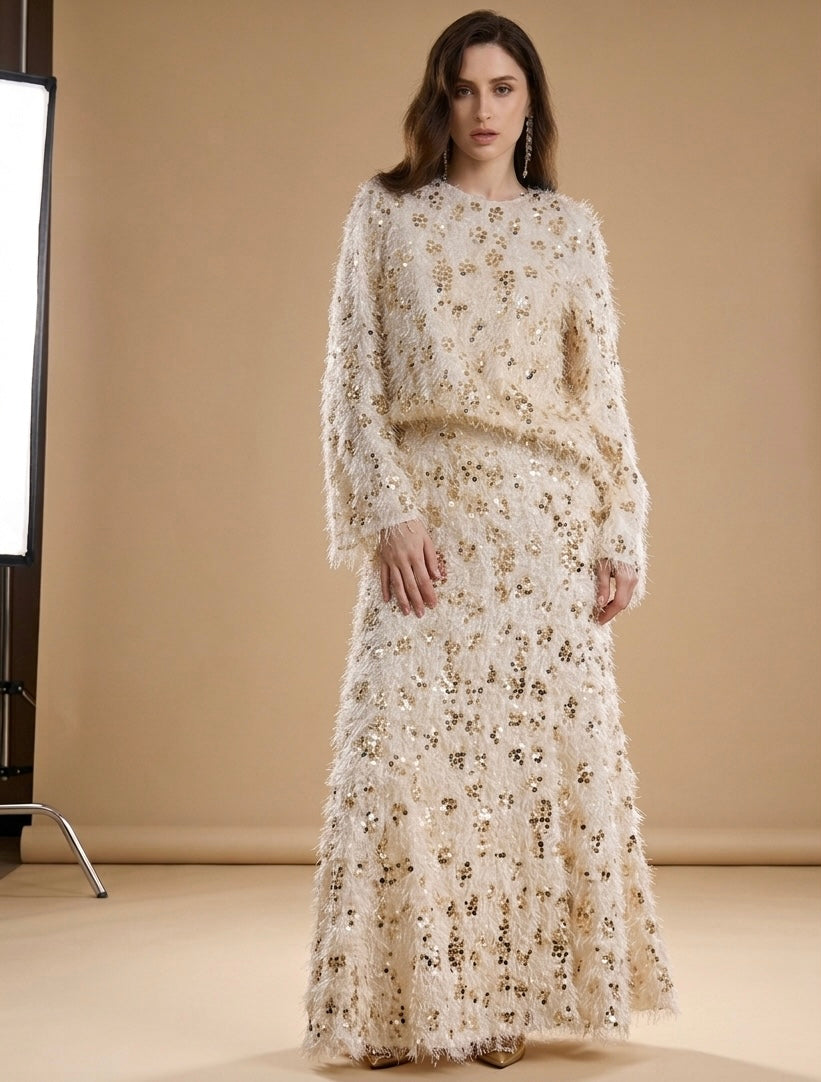 Feathered Sequin Two-Piece Maxi Skirt Set