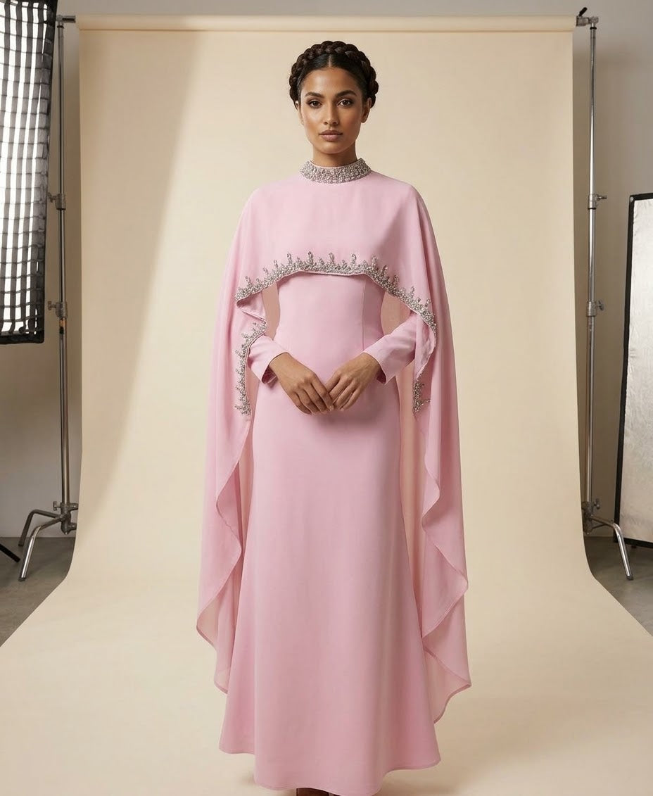 Embellished High-Neck Capelet Maxi Gown
