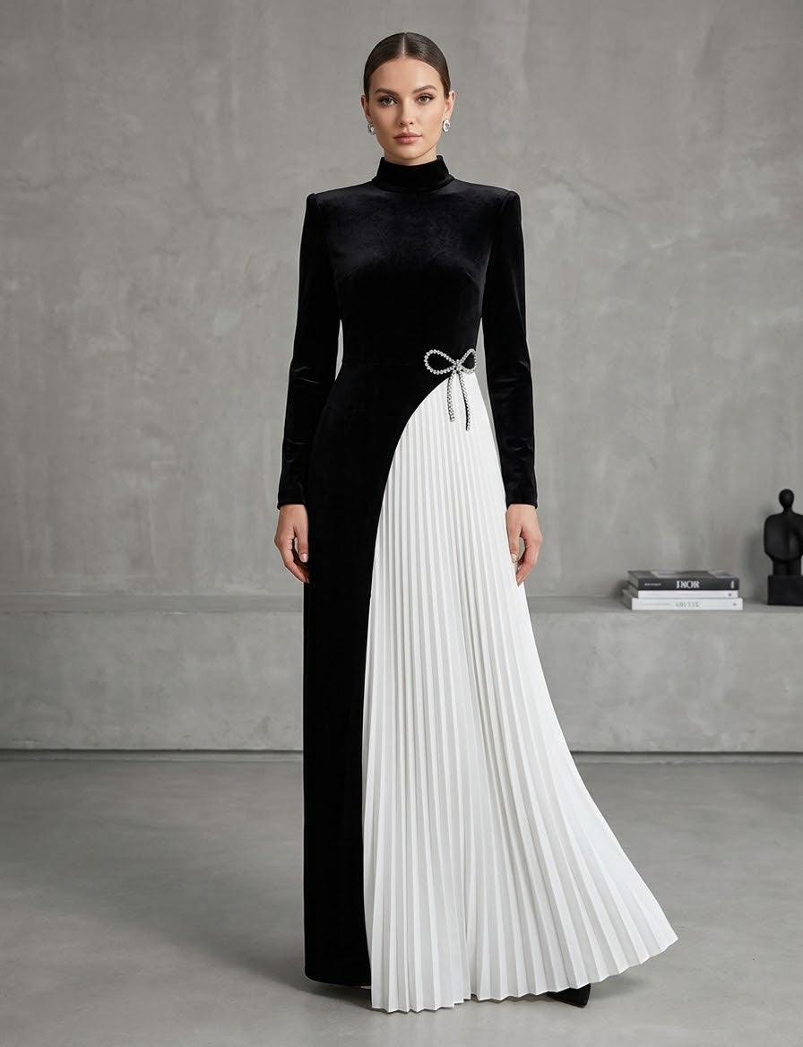 Asymmetric Velvet and Pleated Chiffon Bow Gown
