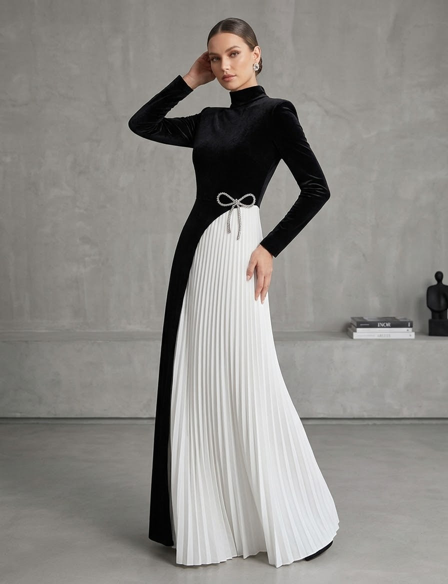 Asymmetric Velvet and Pleated Chiffon Bow Gown