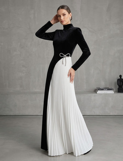 Asymmetric Velvet and Pleated Chiffon Bow Gown