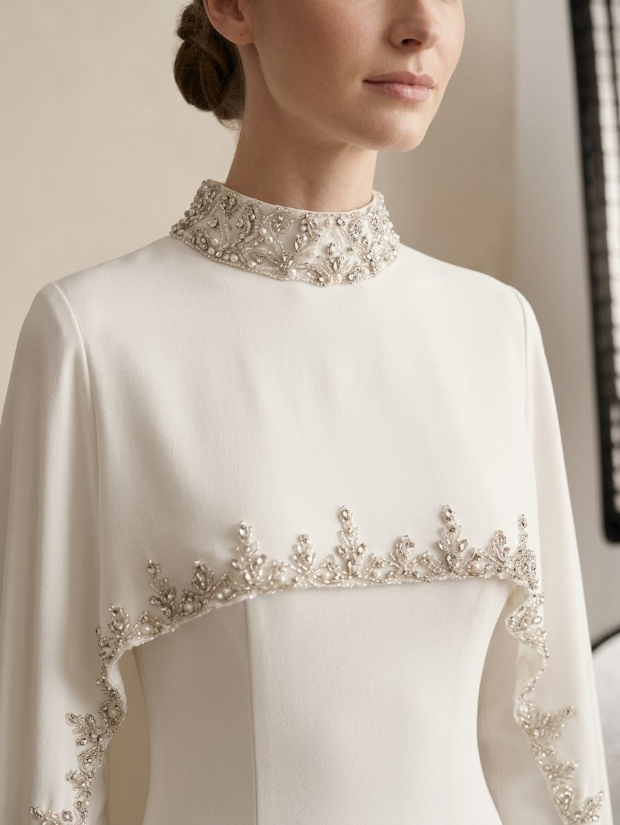 Embellished Cape High-Neck Bridal Gown