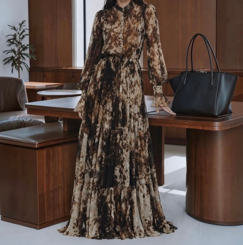 The Florence Abstract Print Tiered Maxi Dress – Mocha & Ebony