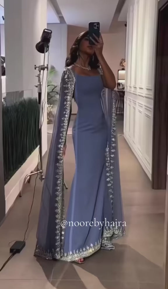 Embroidered Cape-Sleeve Square-Neck Gown